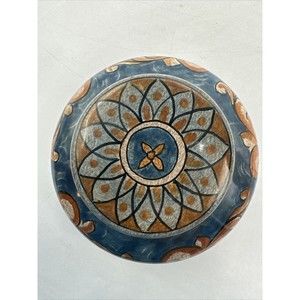 Biagioli CM Gubbio Italy Hand Painted Round Covered Box #80 Blue & Orange 4”x2”